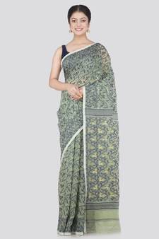Pinkloom Women'S Grey Hand_Woven Cotton Jamdani Saree Without Blouse