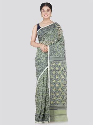 Pinkloom Women'S Grey Hand_Woven Cotton Jamdani Saree Without Blouse 1