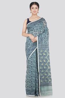 Pinkloom Women'S Blue Hand_Woven Cotton Jamdani Saree Without Blouse