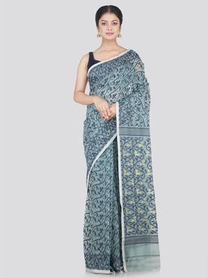 Pinkloom Women'S Blue Hand_Woven Cotton Jamdani Saree Without Blouse 1