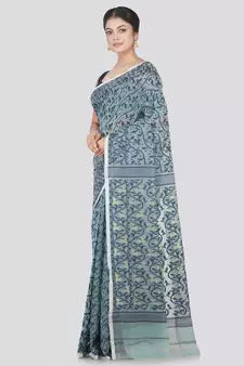 Pinkloom Women'S Blue Hand_Woven Cotton Jamdani Saree Without Blouse