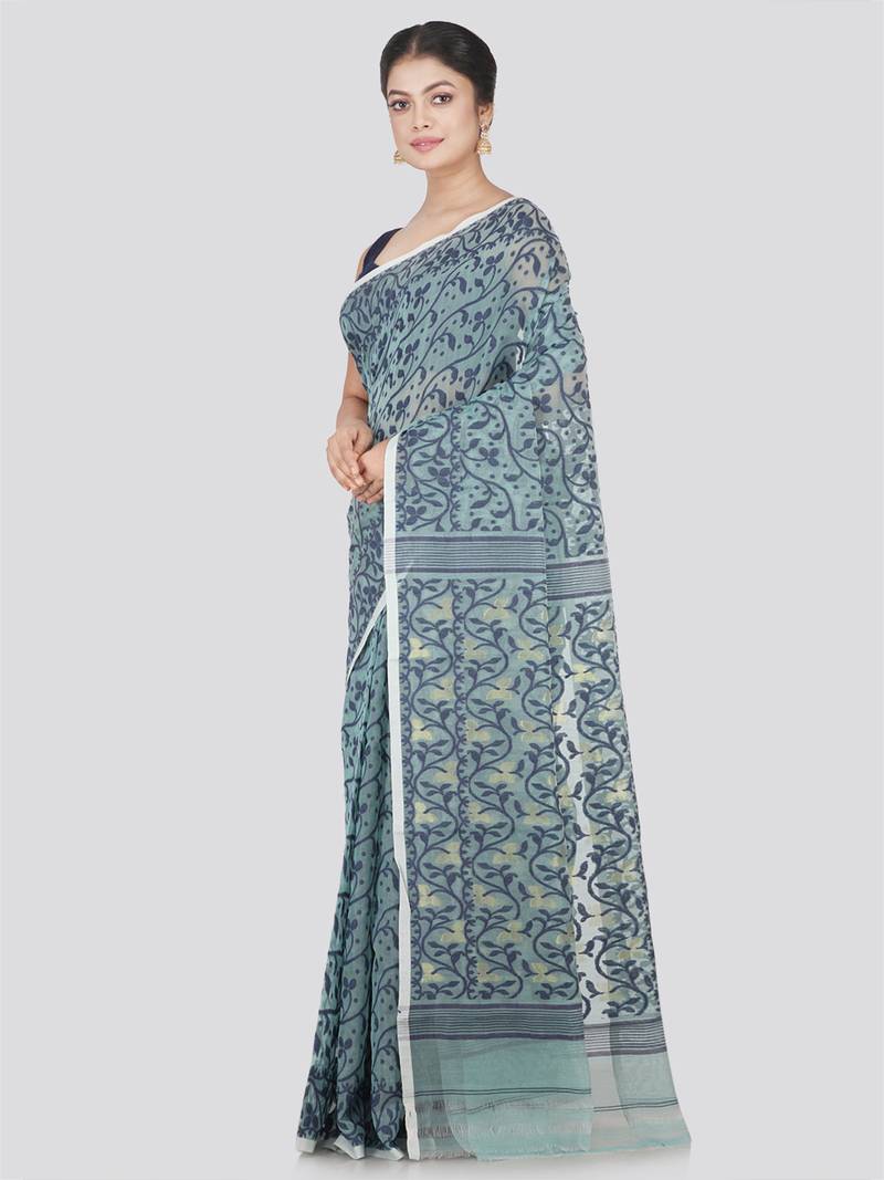 Pinkloom Women'S Blue Hand_Woven Cotton Jamdani Saree Without Blouse