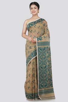 Pinkloom Women'S Beige Hand_Woven Cotton Jamdani Saree Without Blouse
