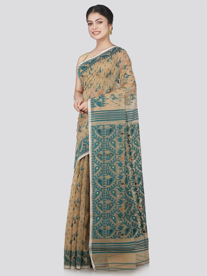 Pinkloom Women'S Beige Hand_Woven Cotton Jamdani Saree Without Blouse