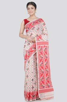 Pinkloom Women'S White Hand_Woven Cotton Jamdani Saree Without Blouse