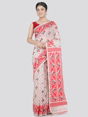 Pinkloom Women'S White Hand_Woven Cotton Jamdani Saree Without Blouse 1