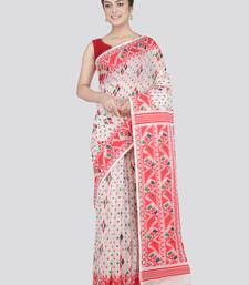 Pinkloom Women'S White Hand_Woven Cotton Jamdani Saree Without Blouse