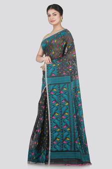 Pinkloom Women'S Grey Hand_Woven Cotton Jamdani Saree Without Blouse