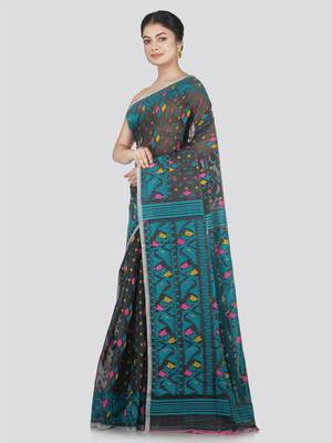 Pinkloom Women'S Grey Hand_Woven Cotton Jamdani Saree Without Blouse 1
