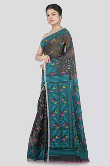 Pinkloom Women'S Grey Hand_Woven Cotton Jamdani Saree Without Blouse