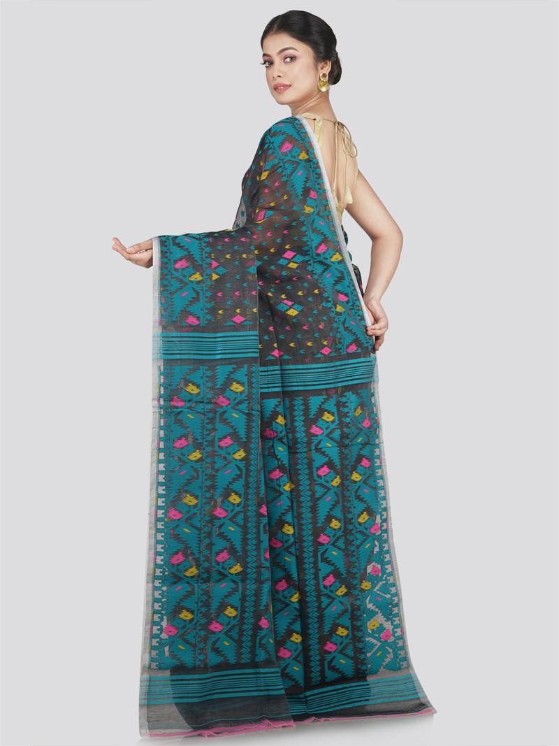 Pinkloom Women'S Grey Hand_Woven Cotton Jamdani Saree Without Blouse