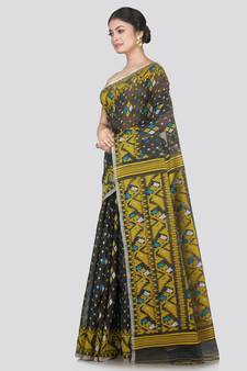 Pinkloom Women'S Grey Hand_Woven Cotton Jamdani Saree Without Blouse