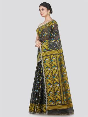 Pinkloom Women'S Grey Hand_Woven Cotton Jamdani Saree Without Blouse 1