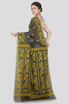 Pinkloom Women'S Grey Hand_Woven Cotton Jamdani Saree Without Blouse