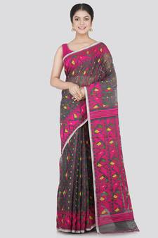 Pinkloom Women'S Grey Hand_Woven Cotton Jamdani Saree Without Blouse