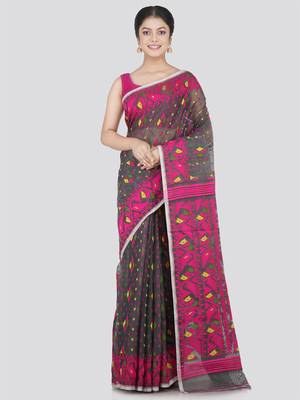 Pinkloom Women'S Grey Hand_Woven Cotton Jamdani Saree Without Blouse 1