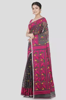 Pinkloom Women'S Grey Hand_Woven Cotton Jamdani Saree Without Blouse