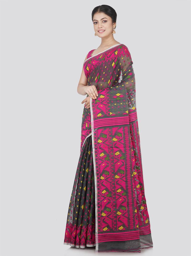 Pinkloom Women'S Grey Hand_Woven Cotton Jamdani Saree Without Blouse