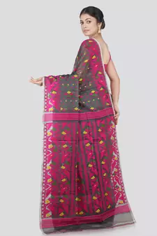 Pinkloom Women'S Grey Hand_Woven Cotton Jamdani Saree Without Blouse