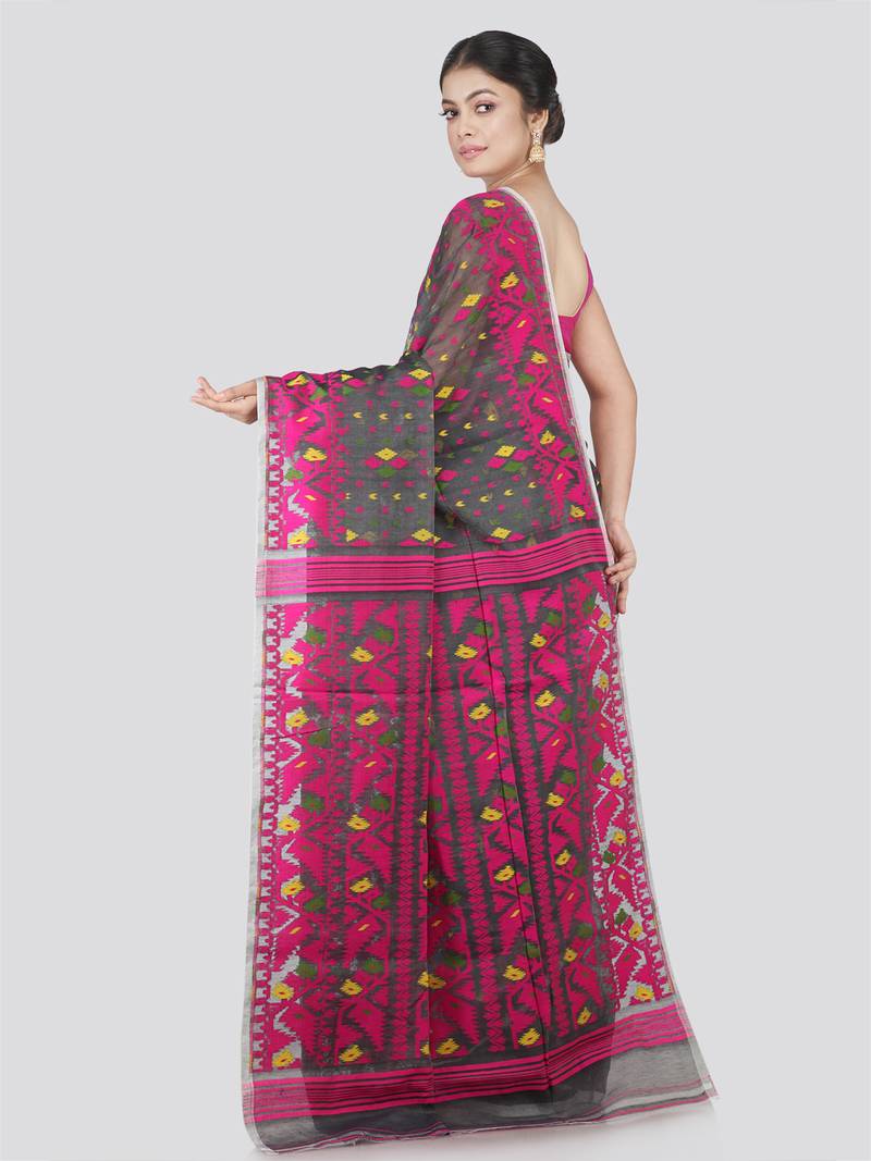 Pinkloom Women'S Grey Hand_Woven Cotton Jamdani Saree Without Blouse