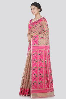 Pinkloom Women'S Beige Hand_Woven Cotton Jamdani Saree Without Blouse