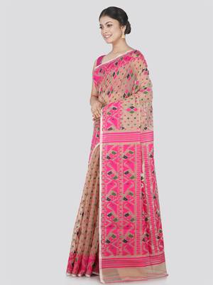 Pinkloom Women'S Beige Hand_Woven Cotton Jamdani Saree Without Blouse 1