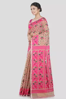 Pinkloom Women'S Beige Hand_Woven Cotton Jamdani Saree Without Blouse