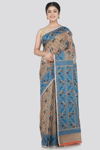 Pinkloom Women'S Beige Hand_Woven Cotton Jamdani Saree Without Blouse