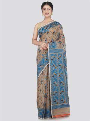 Pinkloom Women'S Beige Hand_Woven Cotton Jamdani Saree Without Blouse 1