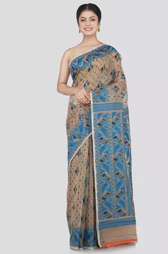 Pinkloom Women'S Beige Hand_Woven Cotton Jamdani Saree Without Blouse