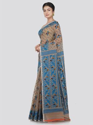 Pinkloom Women'S Beige Hand_Woven Cotton Jamdani Saree Without Blouse 2