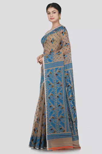 Pinkloom Women'S Beige Hand_Woven Cotton Jamdani Saree Without Blouse