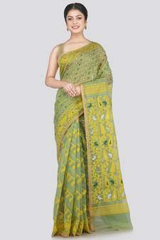 Pinkloom Women'S Green Hand_Woven Cotton Jamdani Saree Without Blouse