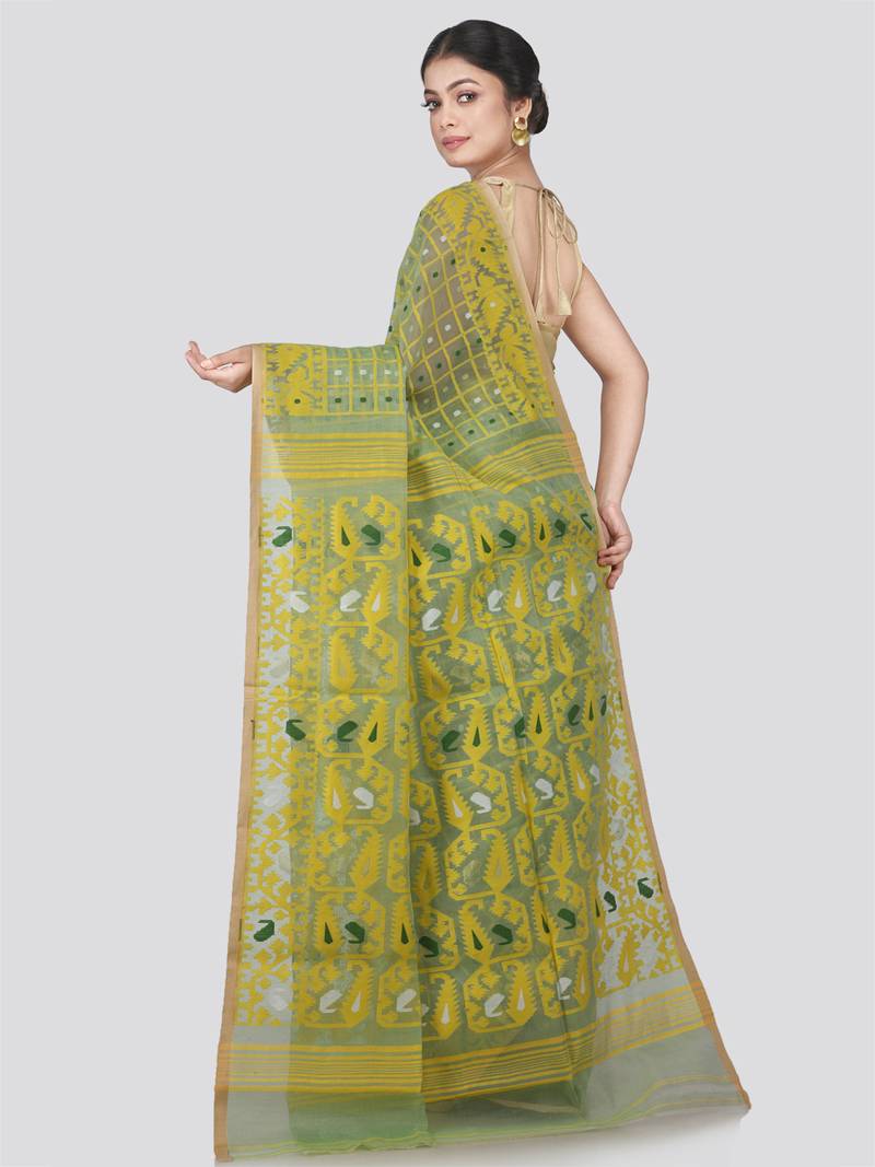 Pinkloom Women'S Green Hand_Woven Cotton Jamdani Saree Without Blouse