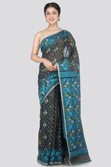 Pinkloom Women'S Grey Hand_Woven Cotton Jamdani Saree Without Blouse