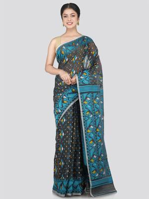 Pinkloom Women'S Grey Hand_Woven Cotton Jamdani Saree Without Blouse 1