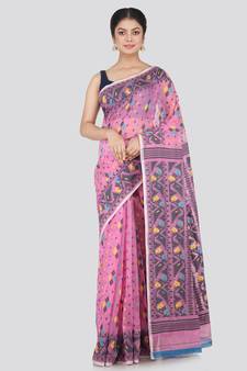 Pinkloom Women'S Pink Hand_Woven Cotton Jamdani Saree Without Blouse