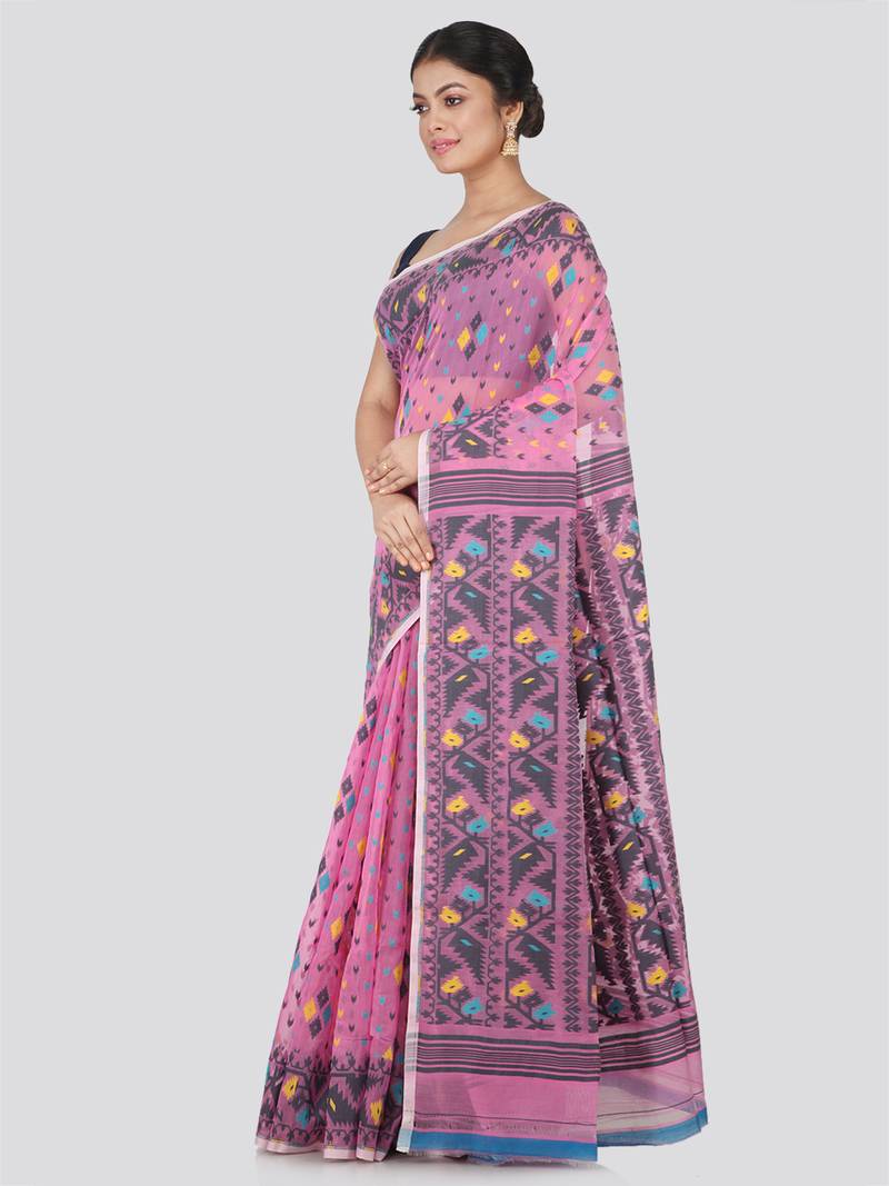 Pinkloom Women'S Pink Hand_Woven Cotton Jamdani Saree Without Blouse