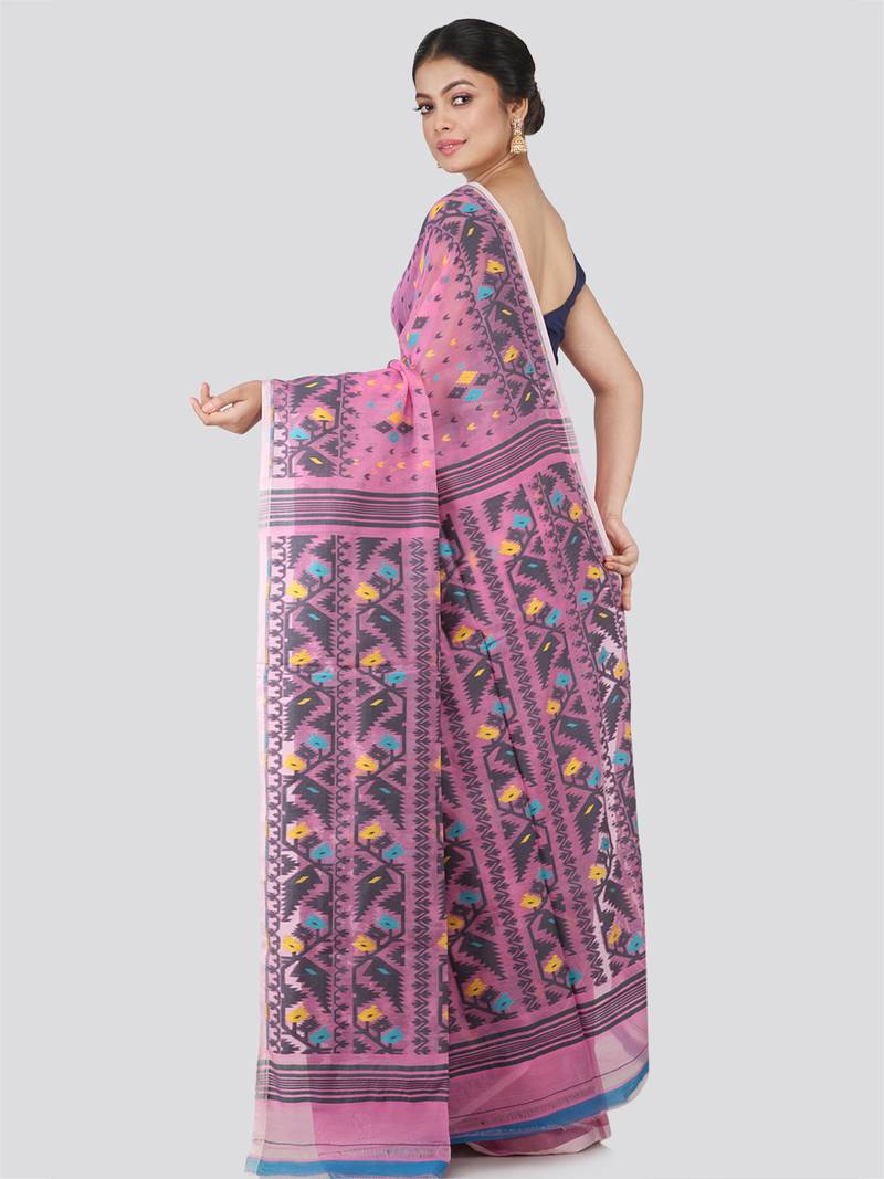 Pinkloom Women'S Pink Hand_Woven Cotton Jamdani Saree Without Blouse