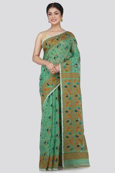 Pinkloom Women'S Green Hand_Woven Cotton Jamdani Saree Without Blouse
