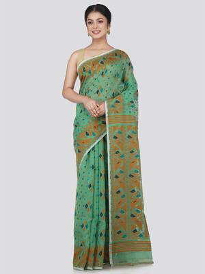 Pinkloom Women'S Green Hand_Woven Cotton Jamdani Saree Without Blouse 1