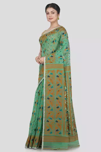 Pinkloom Women'S Green Hand_Woven Cotton Jamdani Saree Without Blouse
