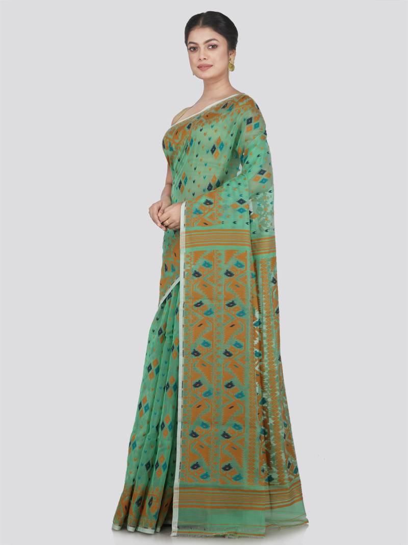 Pinkloom Women'S Green Hand_Woven Cotton Jamdani Saree Without Blouse