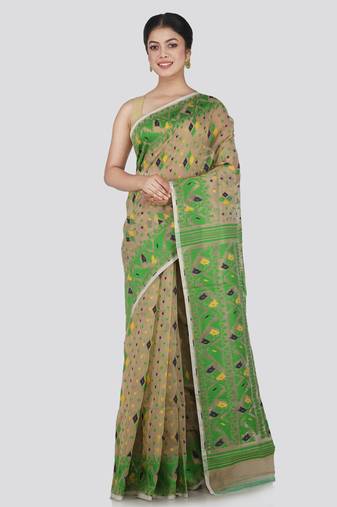 Pinkloom Women'S Beige Hand_Woven Cotton Jamdani Saree Without Blouse