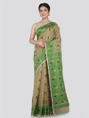 Pinkloom Women'S Beige Hand_Woven Cotton Jamdani Saree Without Blouse 1