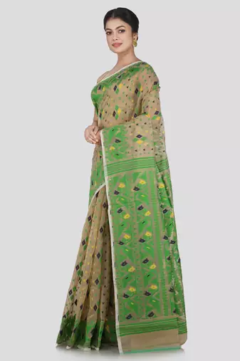 Pinkloom Women'S Beige Hand_Woven Cotton Jamdani Saree Without Blouse