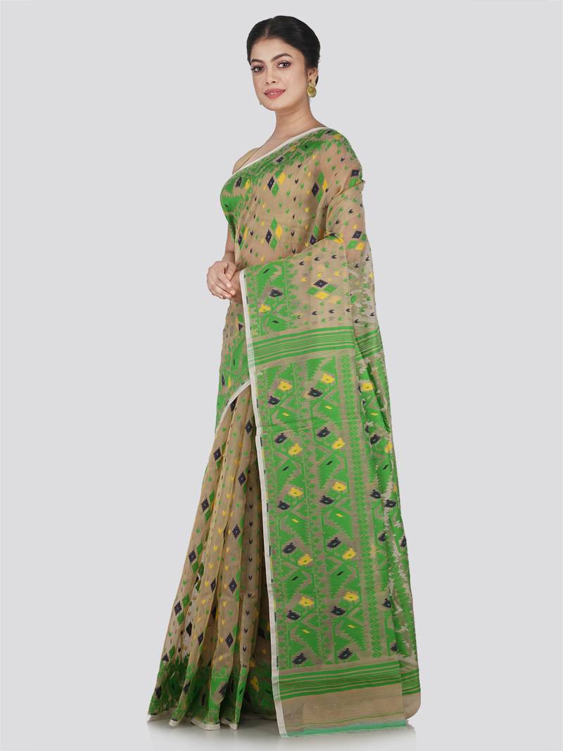 Pinkloom Women'S Beige Hand_Woven Cotton Jamdani Saree Without Blouse