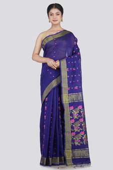 PinkLoom Women's Blue Hand_Woven Cotton_Silk Saree With Blouse