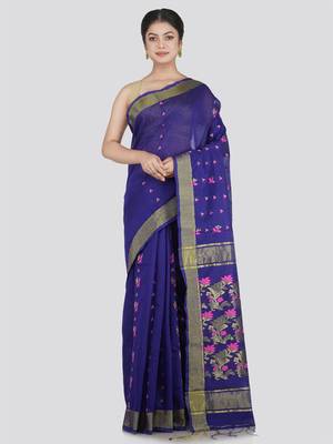 PinkLoom Women's Blue Hand_Woven Cotton_Silk Saree With Blouse 1