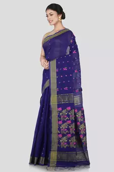 PinkLoom Women's Blue Hand_Woven Cotton_Silk Saree With Blouse